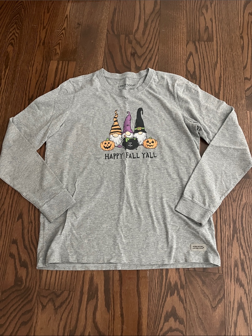 Life Is Good Gray Long-Sleeve Tee with Halloween Gnome Graphic